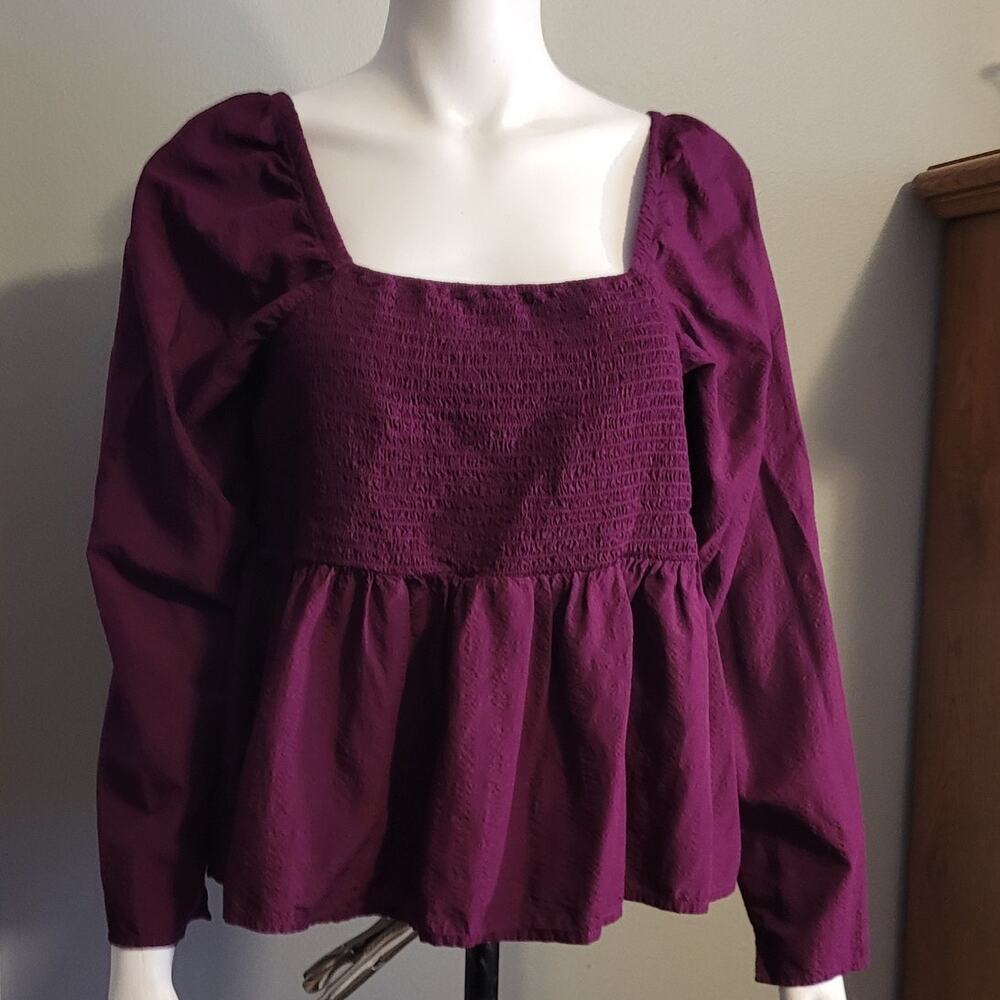 Old Navy XL Smocked Peplum Blouse Purple Modal Stretch Square Neck Boho Quietlux